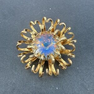 Sarah Coventry Mystic Blue Rivoli AB Faceted Crystal Goldtone Brooch Signed Vtg